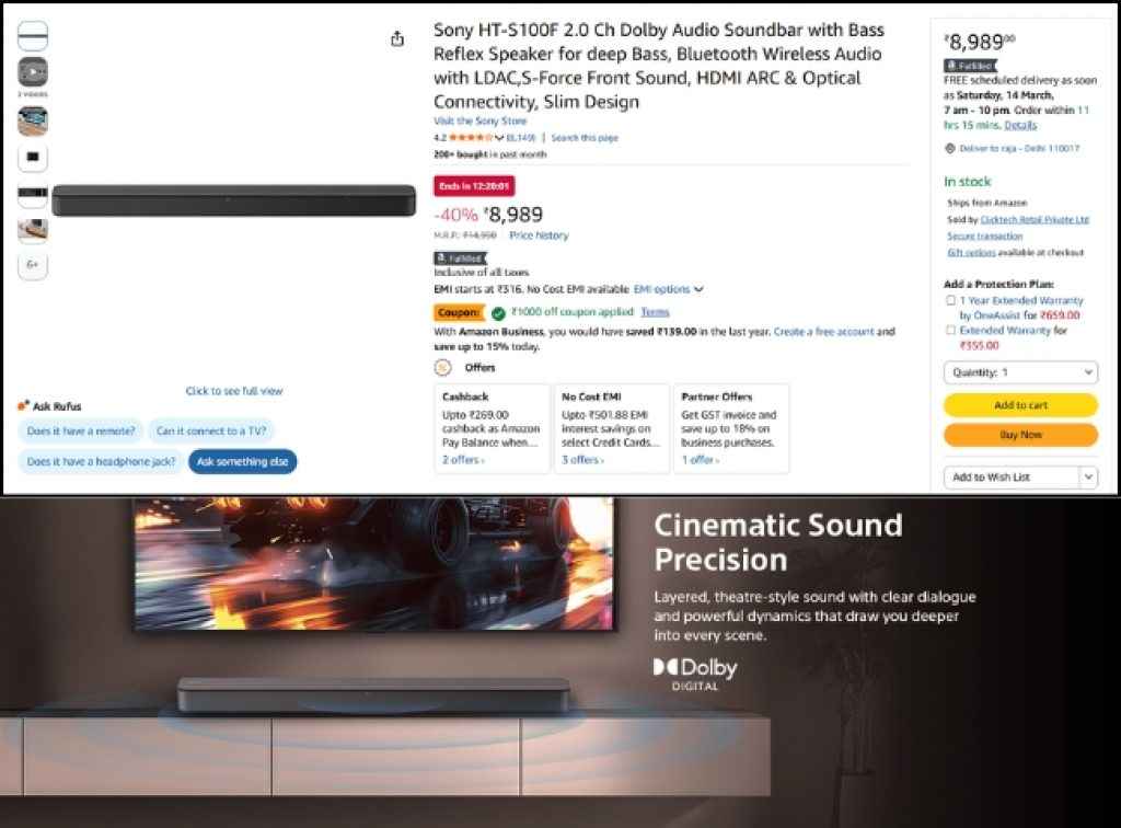 Sony Dolby soundbar Deal on amazon epl sale