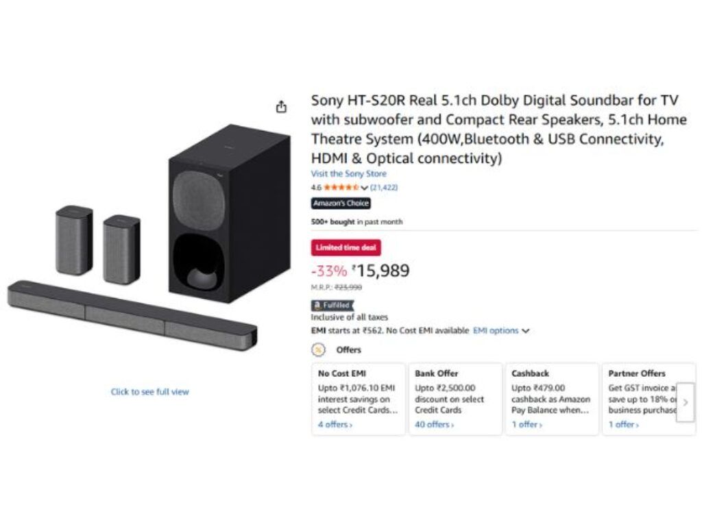 Sony HT-S20R Real 5.1ch Dolby Digital Soundbar