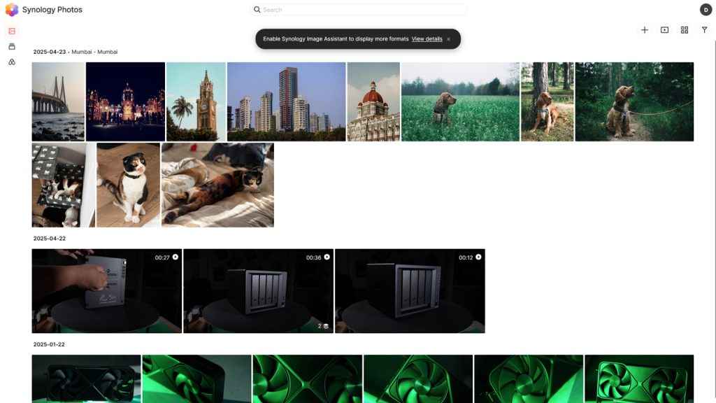 Synology Photos app combining AI-powered facial recognition, album creation, and mobile photo backup for personal or collaborative use.