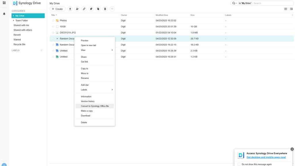 Synology Drive, a private cloud solution for data management and team collaboration, with real-time sync and cross-platform support.