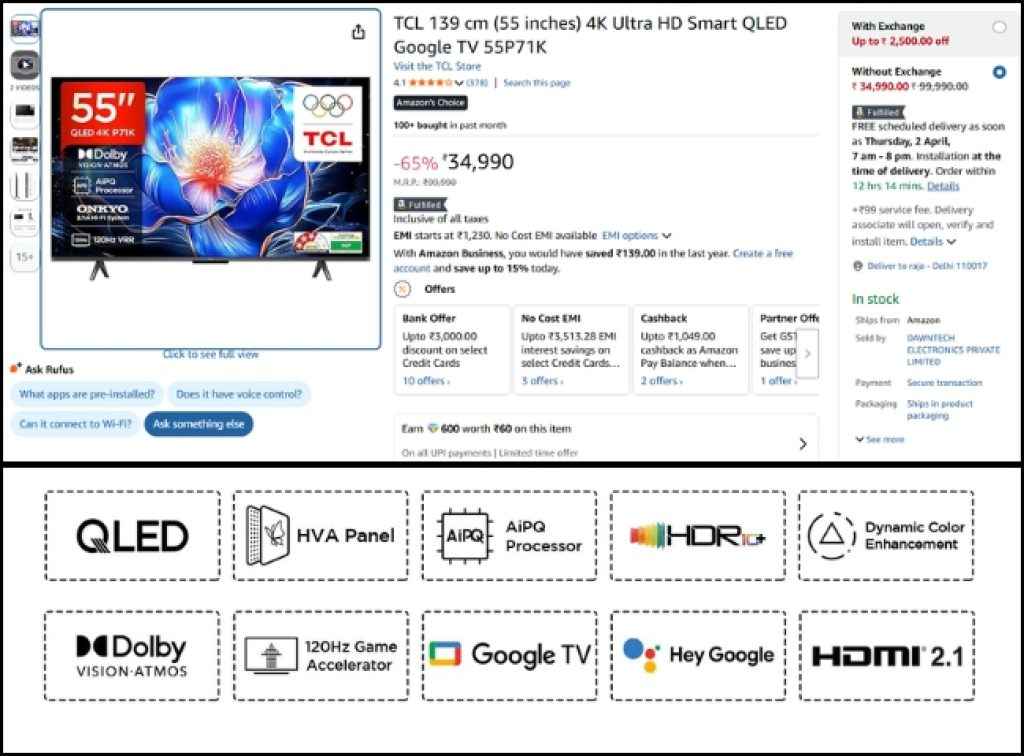 TCL 55 inch QLED Smart Tv deal on amazon