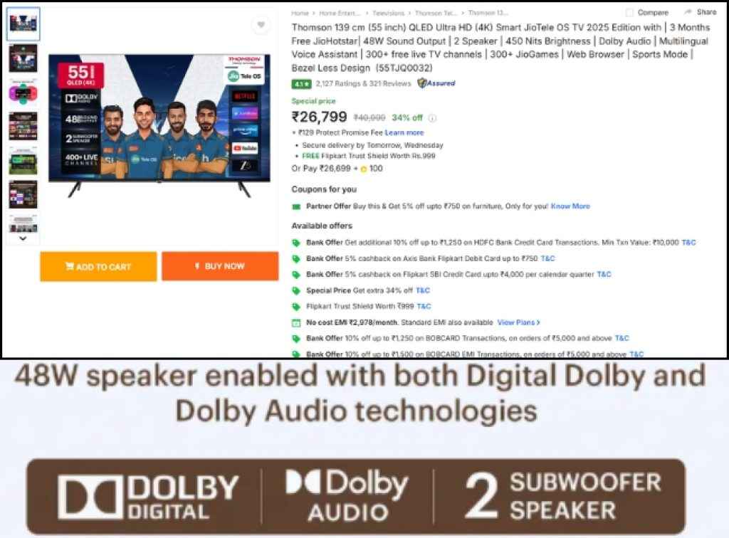 Thomson (55) QLED Smart Tv deal on Flipkart black Friday sale 