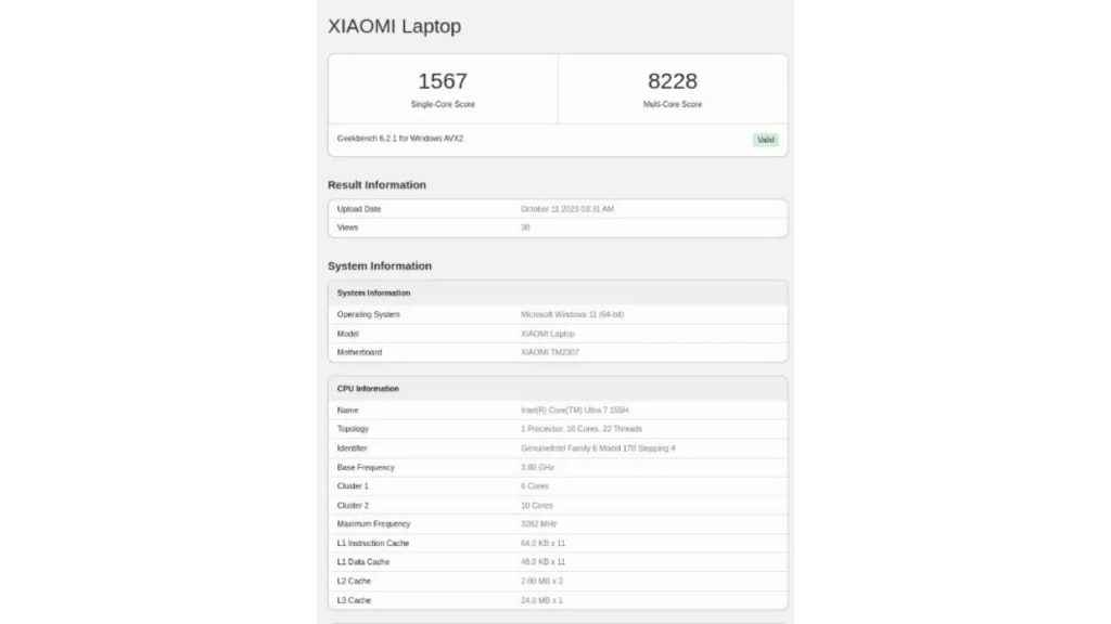 Xiaomi laptop appears with Intel Meteor Lake processor on Geekbench