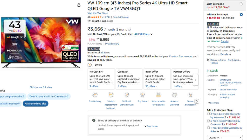 VW 43 inches Pro Series 4K Ultra QLED Google Smart TV