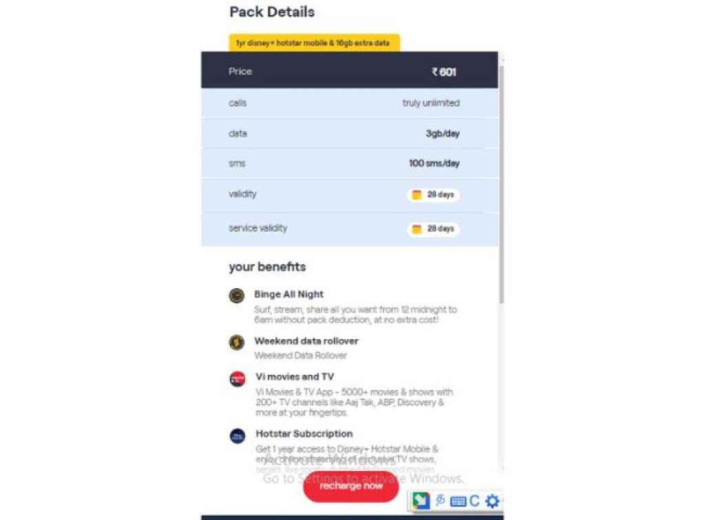Vi 601 Hotstar Recharge Plan