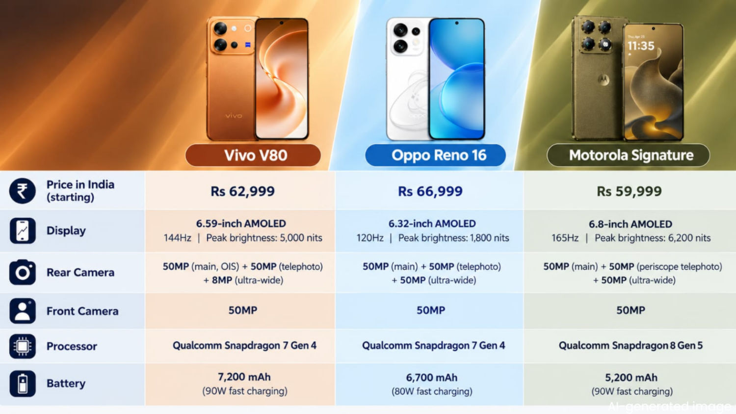 Oppe Reno Vivo V80 vs Oppo Reno 16 vs Motorola Signature: Price in India, camera ...