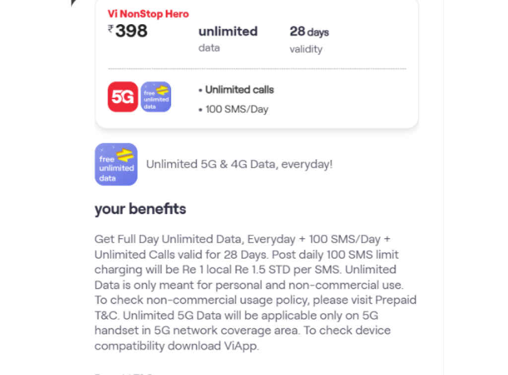 Vodafone Idea Cheapest Non Stop Hero Plan price under rs 400 offer Unlimited Data