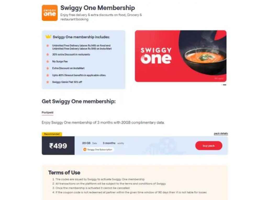 Vodafone Idea இந்த  திட்டத்தில் இலவசமாக Swiggy One நன்மையை வழங்குகிறது 