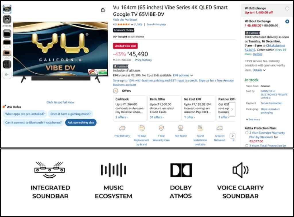 Vu (65) QLED Smart Tv offer on amazon