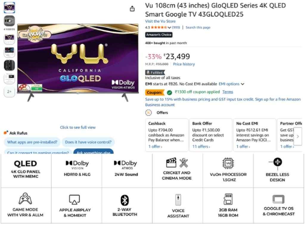 Vu Glo LED Smart Tv deal on amazon