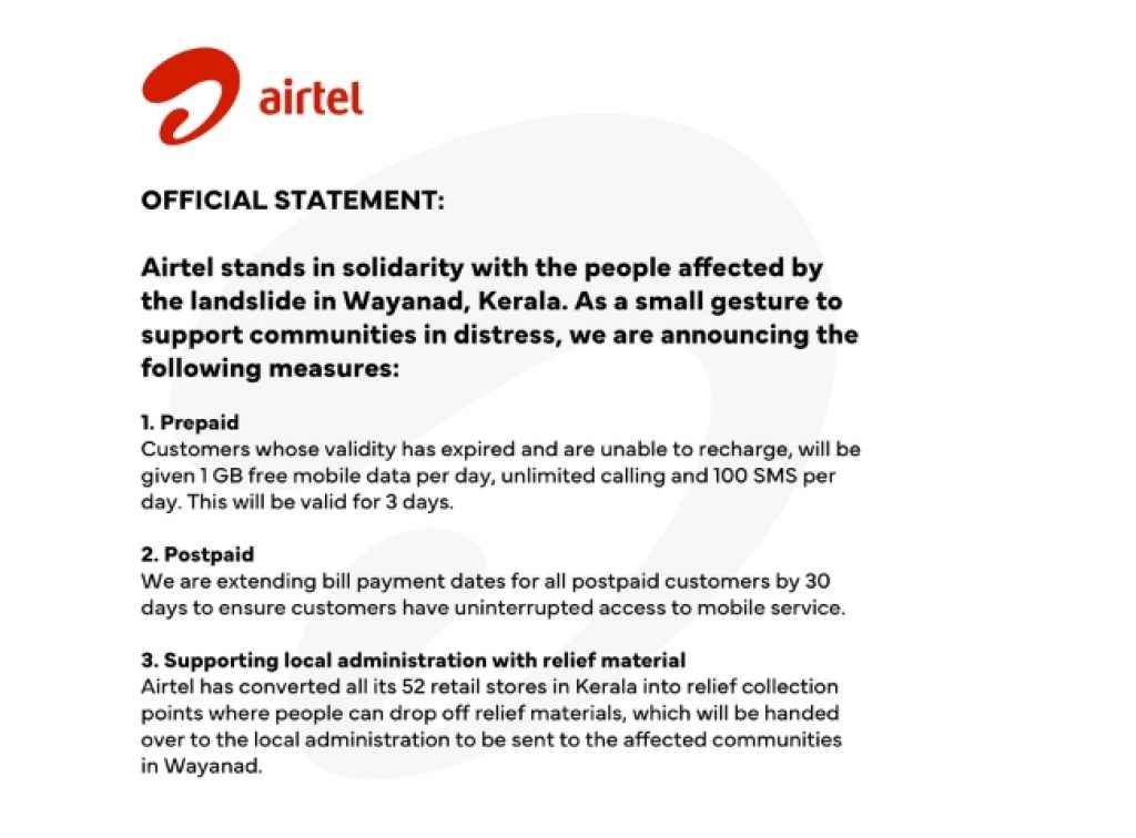 wayanad landslide update airtel offers