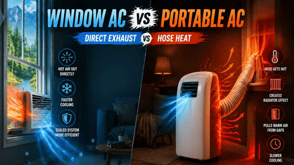 Window AC vs portable AC Direct exhaust vs hose heat