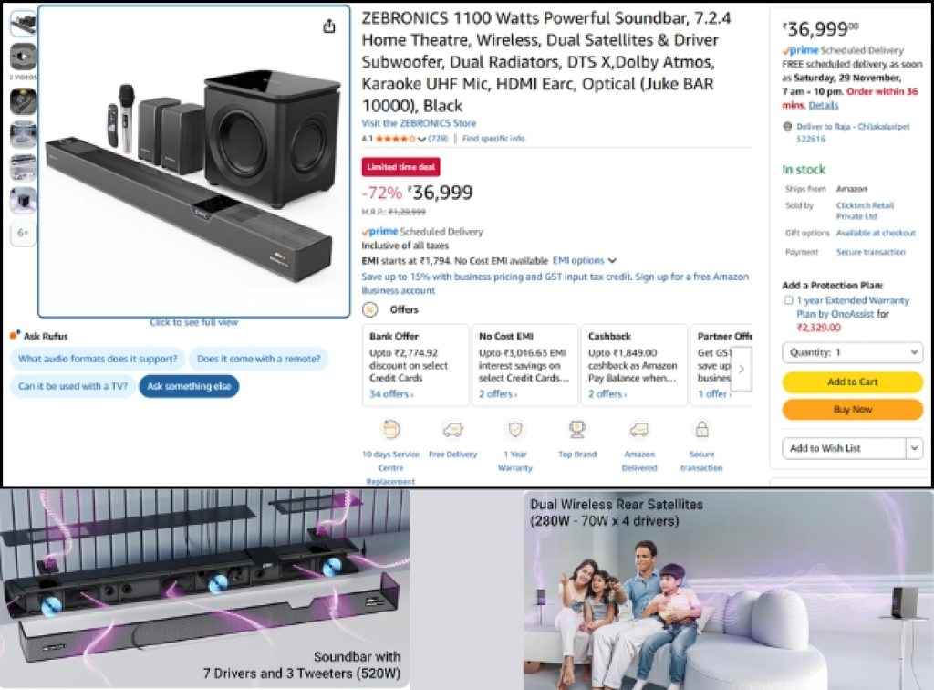 ZEBRONICS 1100 Dolby Atmos soundbar Offer