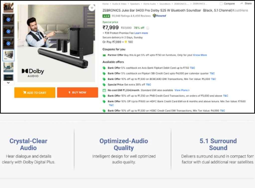 ZEBRONICS 5.1 Dolby Soundbar deal on flipkart