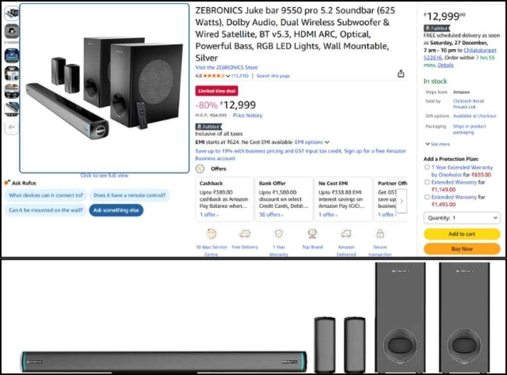 ZEBRONICS 5.2 Dolby Soundbar deal on amazon