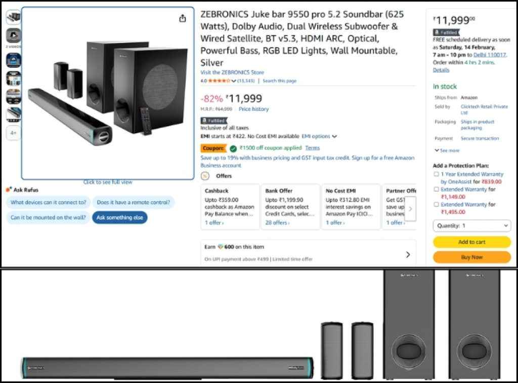ZEBRONICS 5.2 Dolby Soundbar deal on amazon