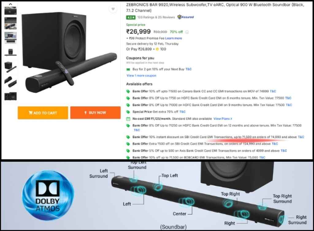 ZEBRONICS 7.1.2 Dolby Atmos Soundbar deal on flipkart