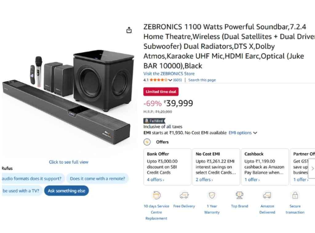 amazon sale last day offers huge discount on ZEBRONICS 7.2.4 Dolby Atmos soundbar