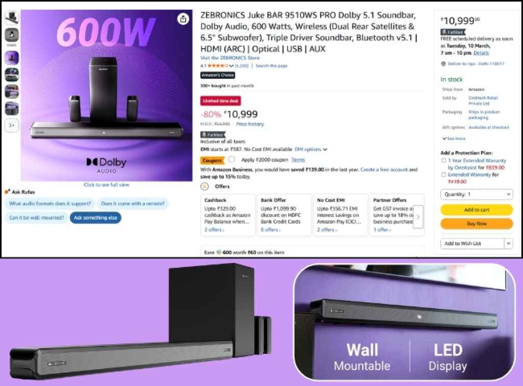 ZEBRONICS Dolby 5.1 soundbar deal on amazon epl sale