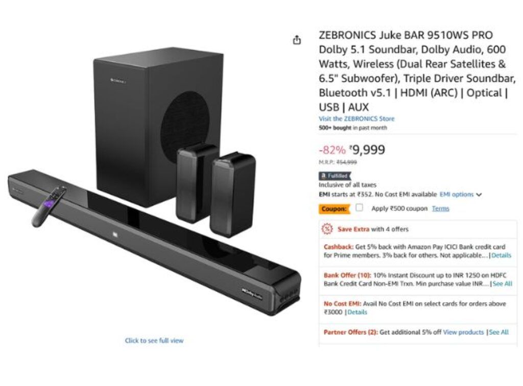 ZEBRONICS Juke BAR 9510WS PRO Dolby 5.1 Soundbar, Dolby Audio