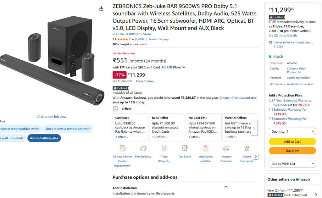 ZEBRONICS Zeb-Juke BAR 9500WS PRO Dolby Audio 5.1 Soundbar