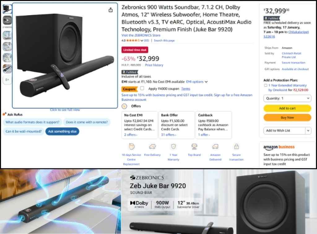 Zebronics 7.1.2 Dolby Atmos soundbar deal