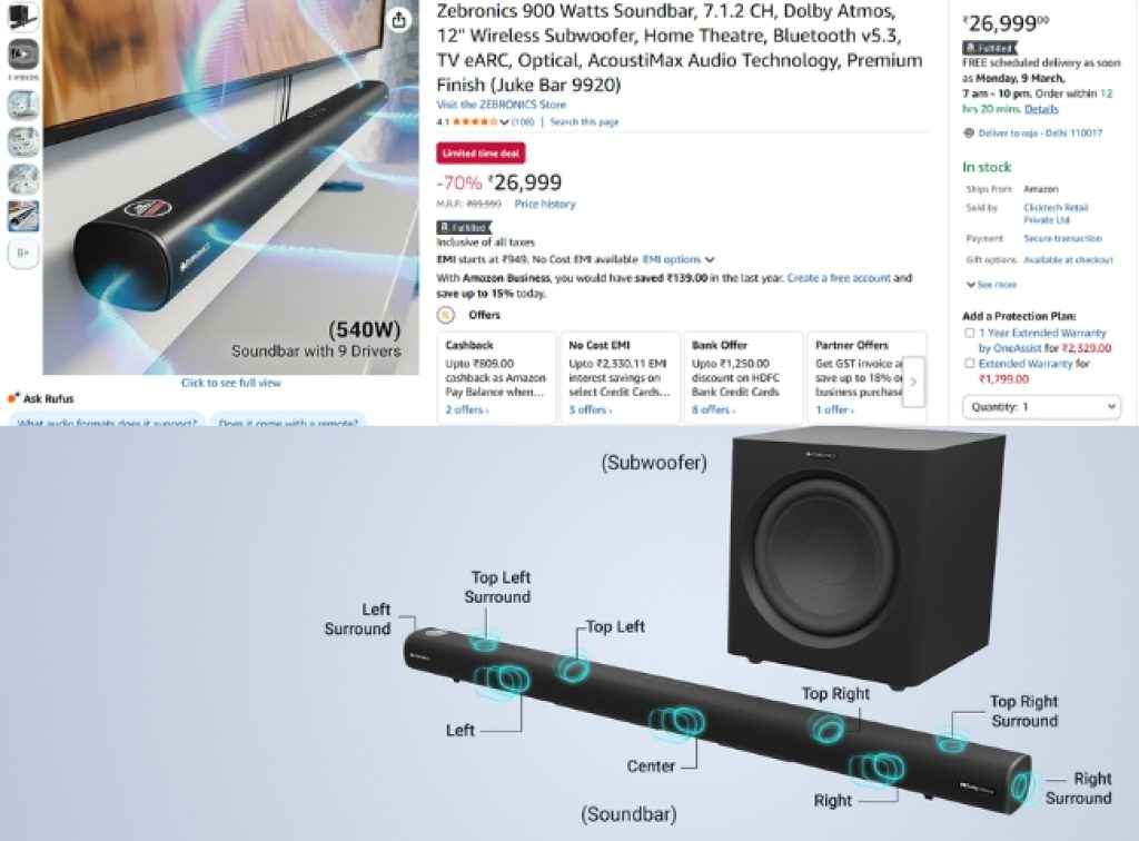 Zebronics 7.1.2 Dolby Atmos soundbar deal on amazon sale 