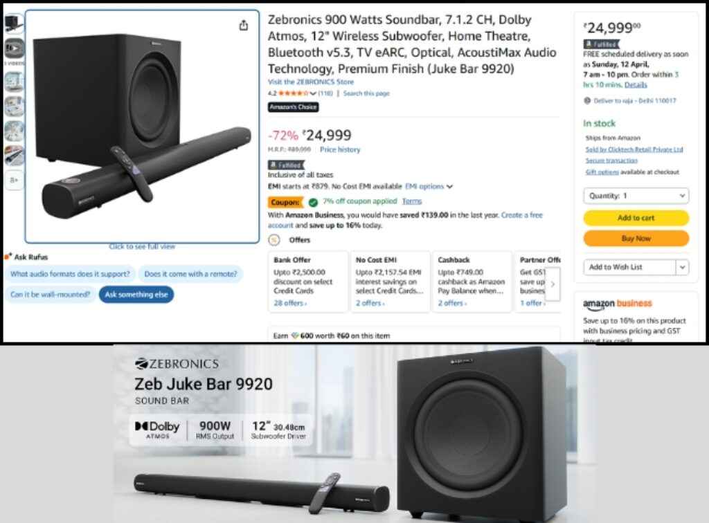 Zebronics 7.1.2 Dolby Atmos soundbar dest deal on amazon sale