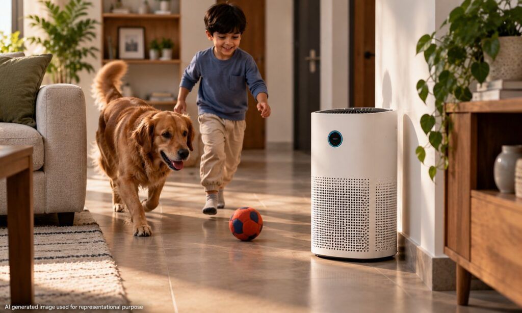 a child and dog playing beside a air purifier
