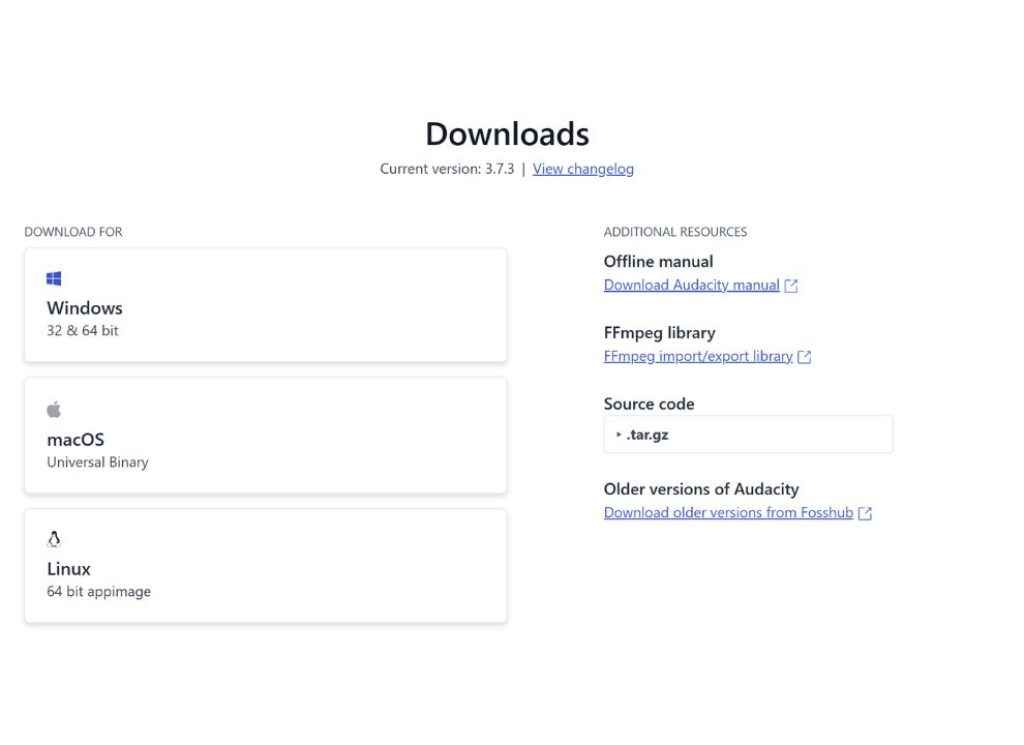 Audacity download page for version 3.7.3, listing OS options (Windows, macOS, Linux) and extra resources.