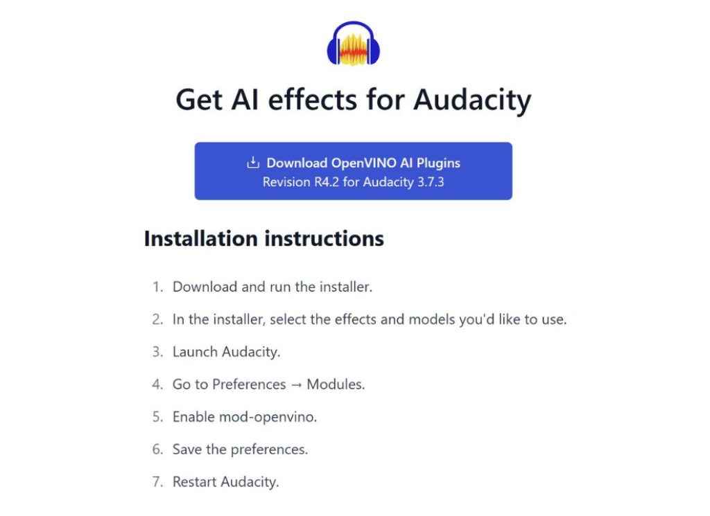Audacity page showing how to install AI effects via OpenVINO plugins, with a download button and 7-step guide.