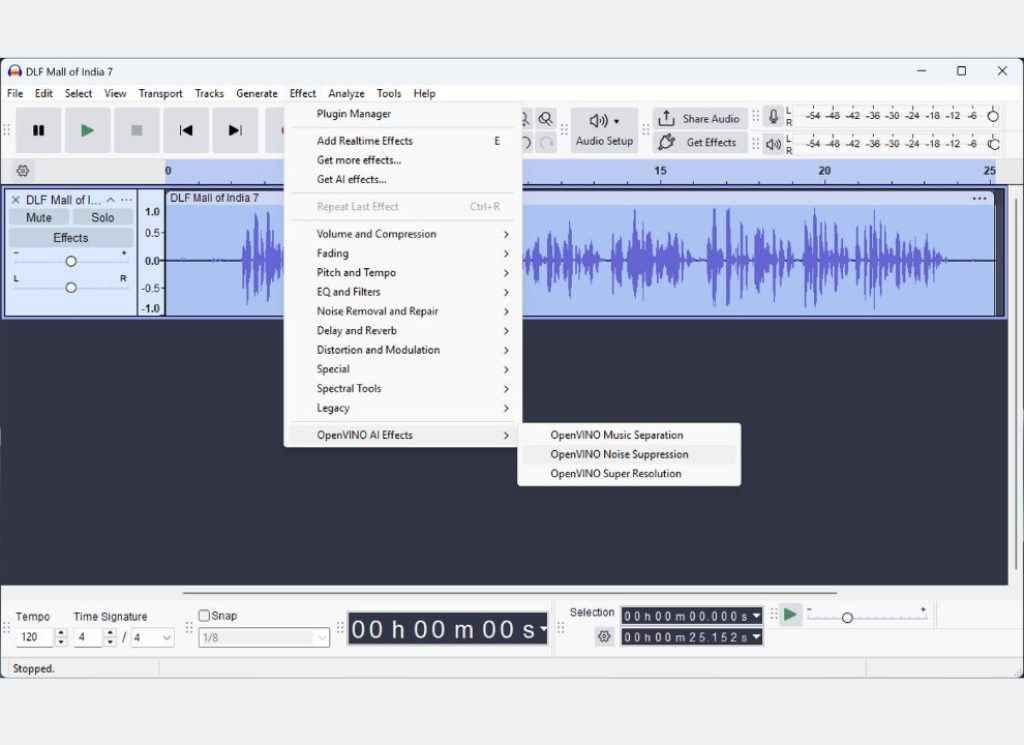 Audacity interface showing the “Effect” menu open with the “OpenVINO AI Effects” submenu visible, listing options for Music Separation, Noise Suppression, and Super Resolution.