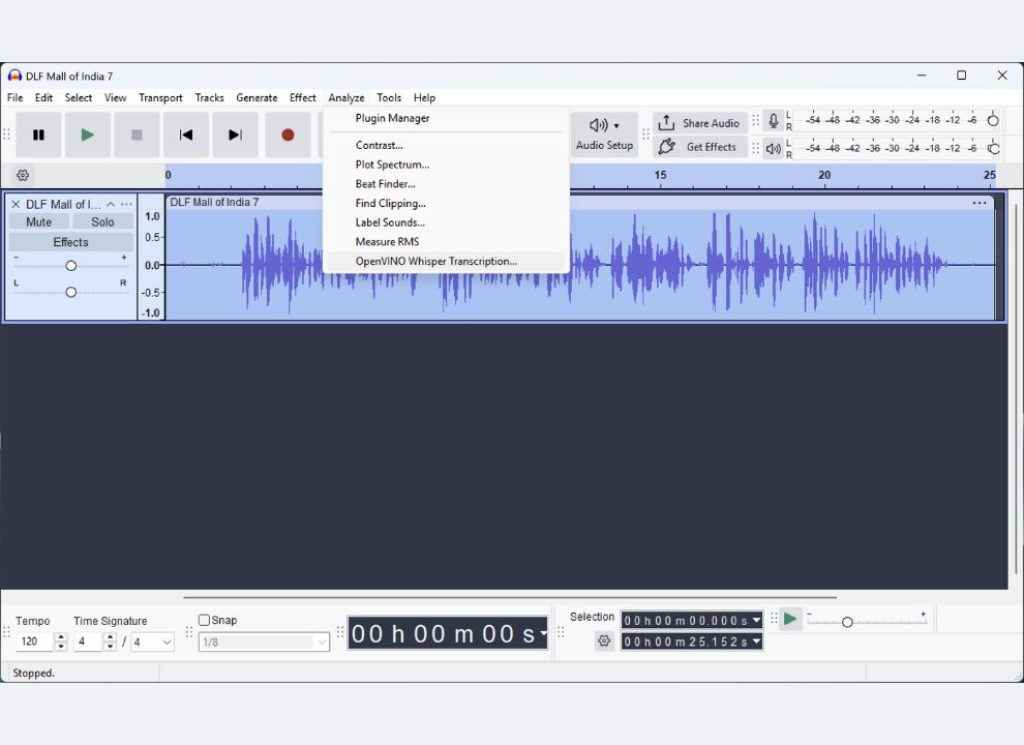Audacity interface with the “Tools” menu open, highlighting the “OpenVINO Whisper Transcription” option among analysis tools like Contrast, Plot Spectrum, and Beat Finder.
