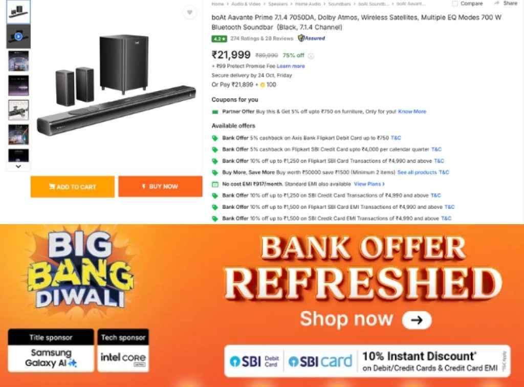boAt 7.1.4 Dolby Atmos soundbar deal on Flipkart