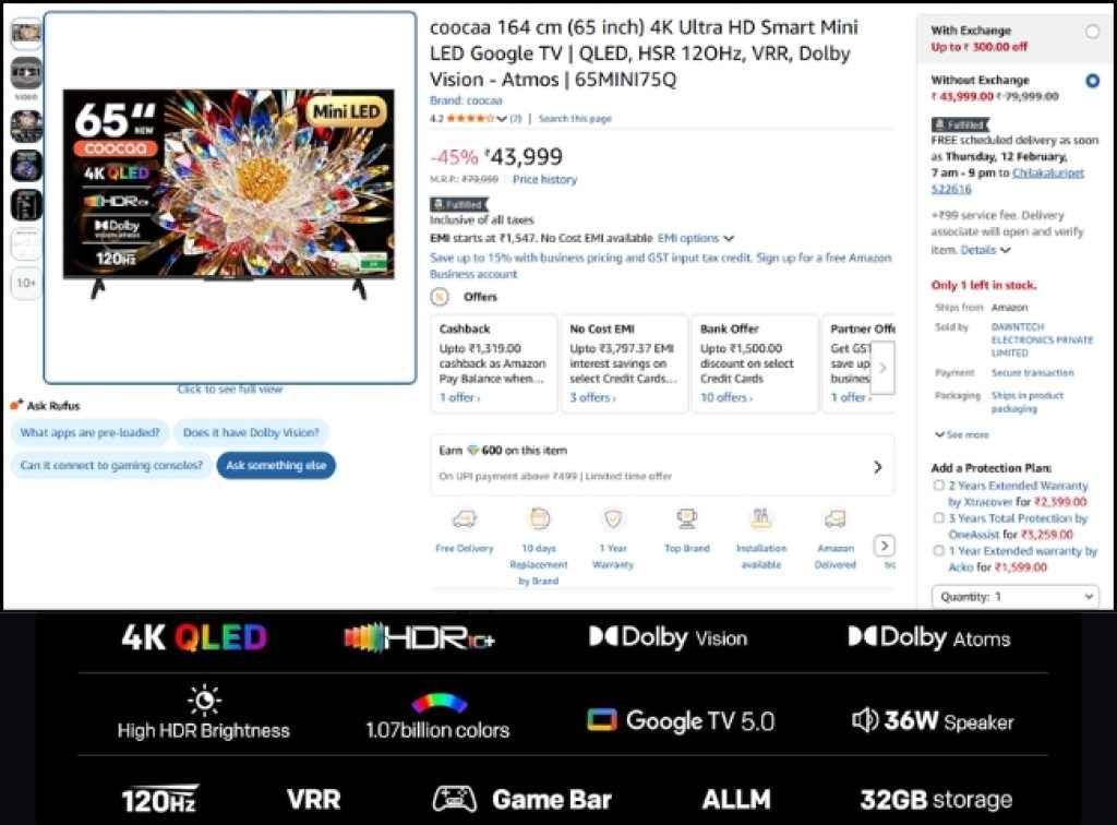 coocaa (65) Mini LED Smart Tv deal on Amazon