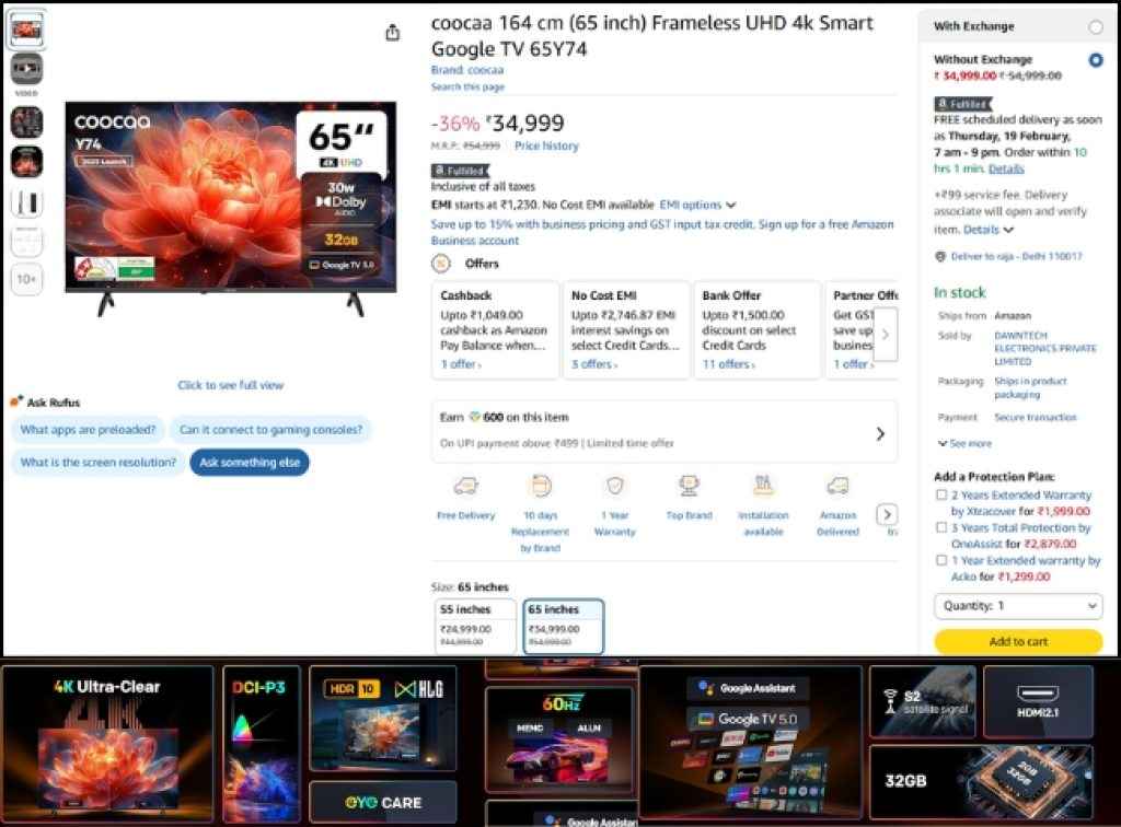 coocaa 65 inch 4K Smart Tv deal ion amazon