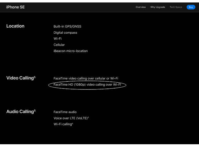 iPhone SE spec listing mentions (1080p)