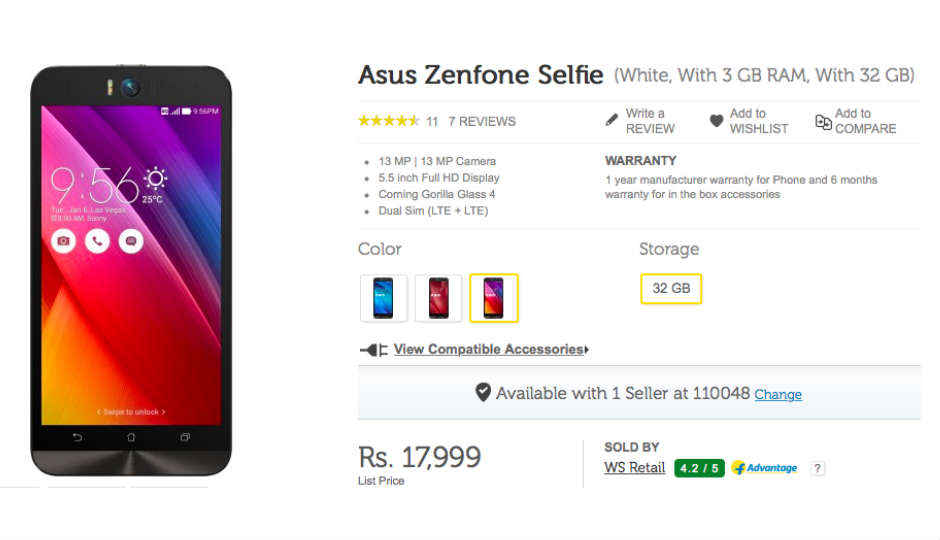 Asus Zenfone Selfie with 3GB RAM now available on Flipkart for Rs. 17,999