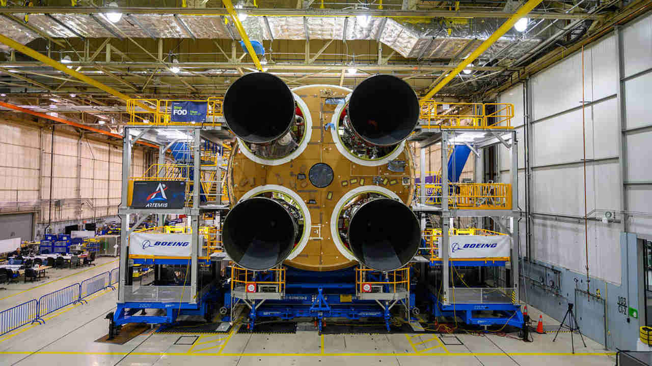 All 4 rocket engines attached to the core stage of NASA’s Space Launch System