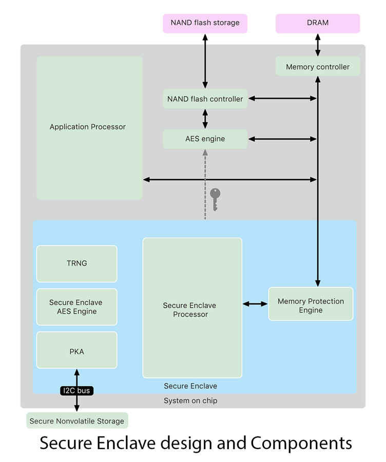 Apple's Secure Enclave resides in a part of the DRAM that is encrypted and inaccessible to the rest of the OS