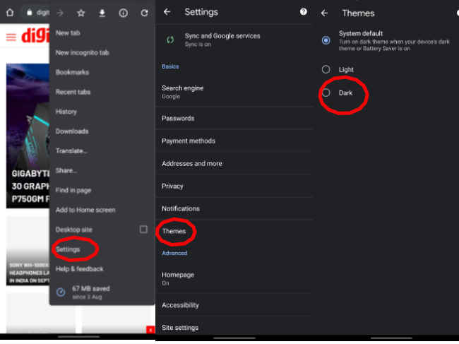 Activating dark mode for Google Chrome on Android app.