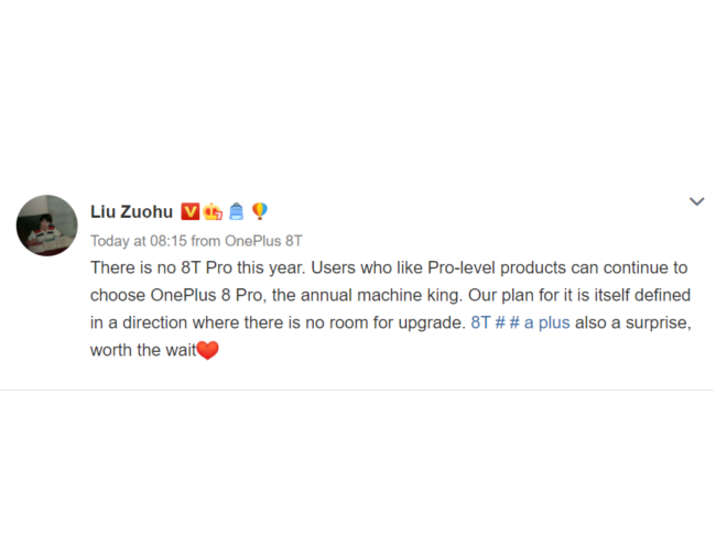 Here's what OnePlus CEO, Pete Lau, posted on Weibo.