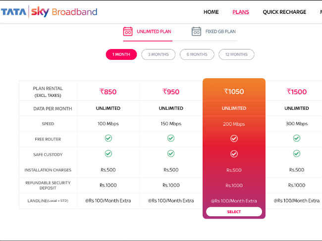 Tata Sky 200 Mbps broadband plan details