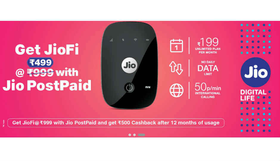 JioFi மற்றும் மற்றும் போஸ்ட் பெயிட் கனெக்சன் உடன் 500 ரூபாய்  கேஷ்பேக்..!