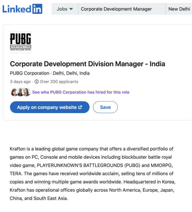 PUBG Mobile posts job listing in India
