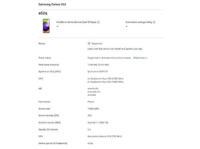 Samsung Galaxy A52 4G has been spotted in a listing on the Google Play Console