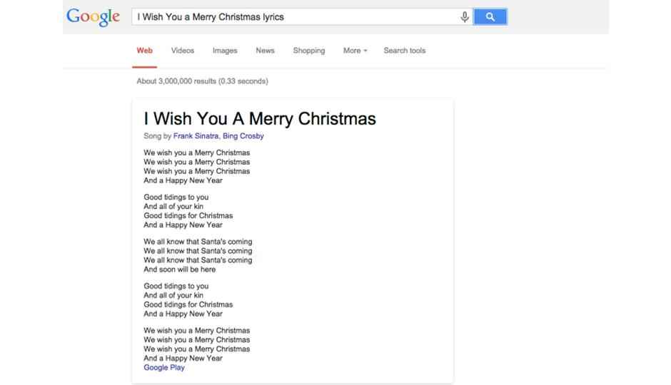 Google puts song lyrics on top of search results