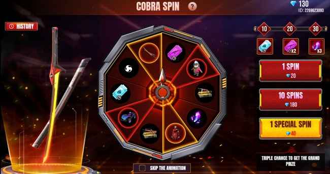 The Cobra Spin in Garena Free Fire gives players the chance to win the Legendary Cora Skin Katana