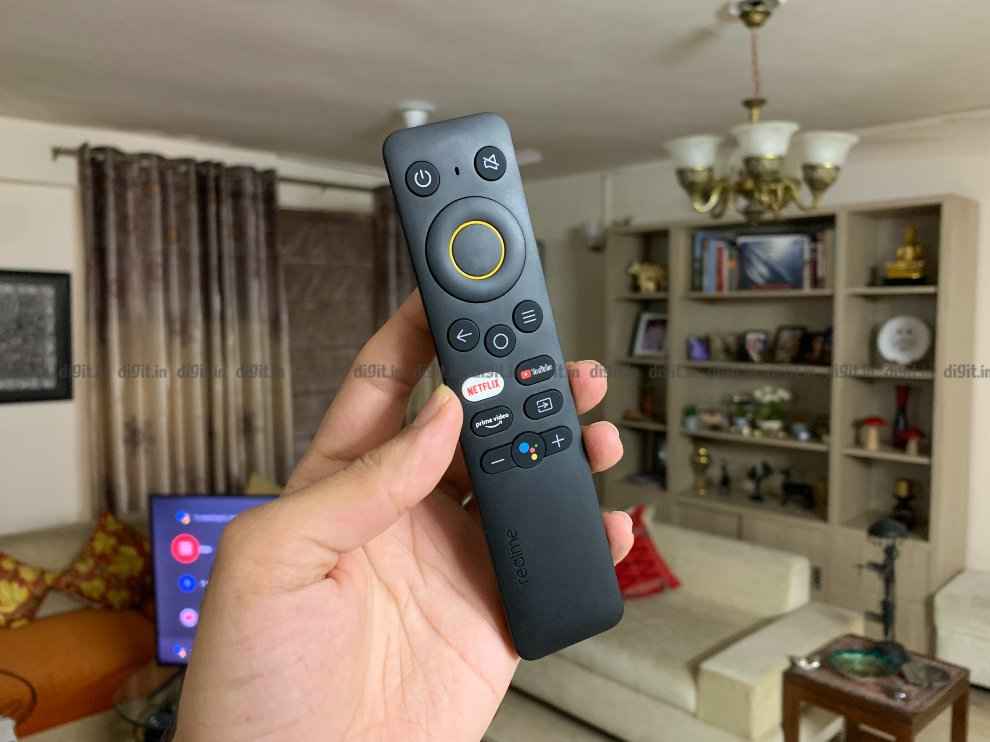 The Realme 43-inch 4K TV comes with a sleek remote control. 