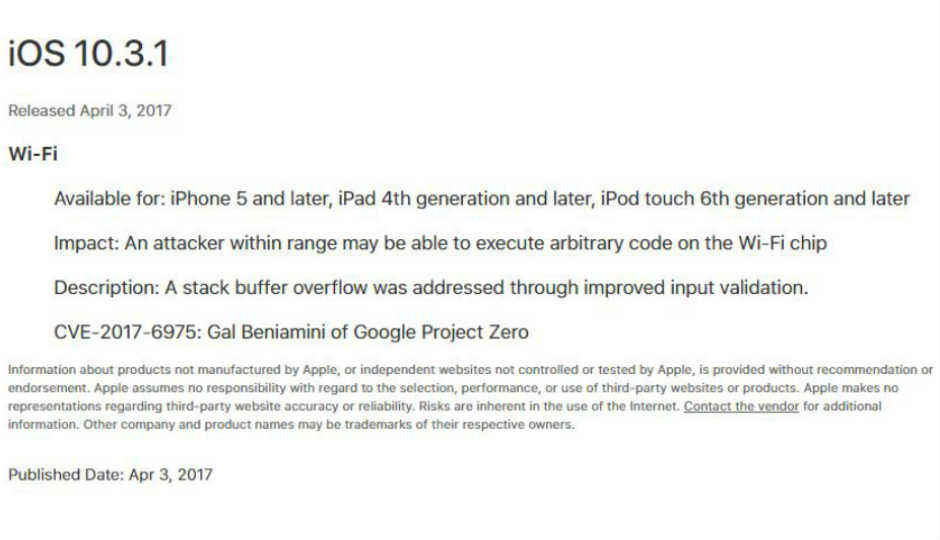 Apple iOS 10.3.1 update fixes WiFi and other zero-day vulnerabilities